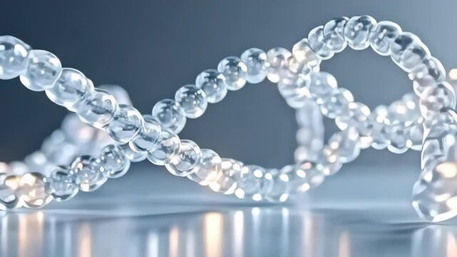 Captured in fine detail, a transparent molecule twisting like braided silk ribbon becomes a focal point as it weaves through a backdrop of glowing silver-white, with subtle pulses of color