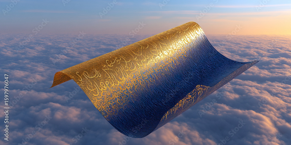 Poster digital rendering of ornate scroll above clouds