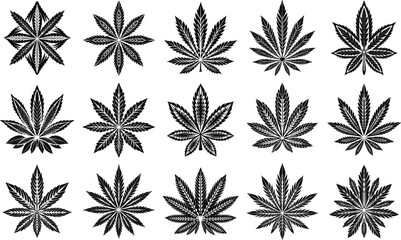 Fototapeta premium Collection of stylized cannabis leaf designs in black and white