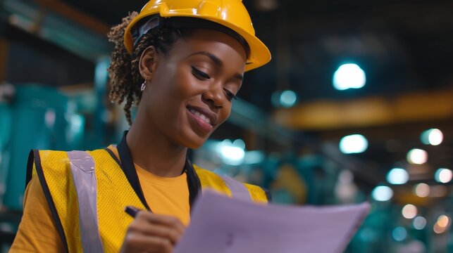 A woman wearing a yellow hard hat and reflective vest is reviewing documents in a busy warehouse