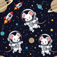 Adorable mice astronauts floating in space, perfect for children's books, textiles, or websites.