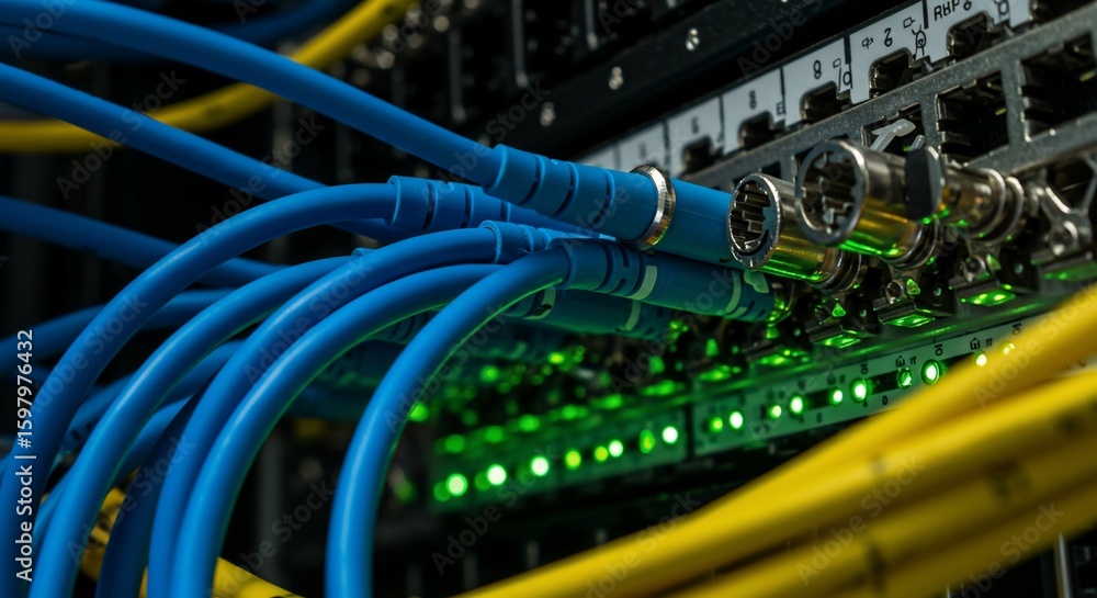 Poster network switch connection with cables and lights data transfer technology