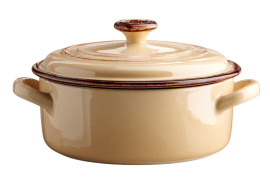 Beige enamel cast iron Dutch oven with lid, vintage cookware pot, rustic kitchen cooking vessel for recipes isolated on Transparent Background