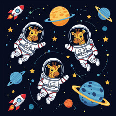 Cute giraffes in spacesuits floating in space, perfect for children's books, apparel, or websites.