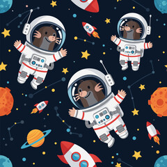 Cute Mole Astronauts in Space: Seamless Pattern for Kids' Products