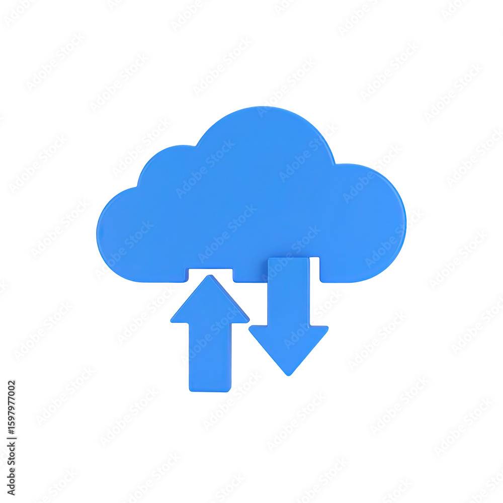 Poster blue cloud icon with upload and download arrows isolated on transparent background