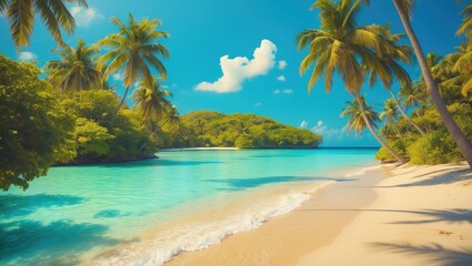 Tropical beach scene with palm trees, turquoise water, and clear sky, showcasing a serene coastal landscape.
