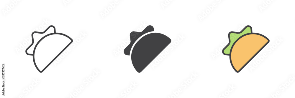 Poster taco icon set in line, solid and filled outline style