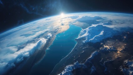 Obraz premium Earth from space with visible cloud formations and illuminated horizon. Natural world and space exploration, concept. Planetary and environmental imagery. The view of Earth from orbit