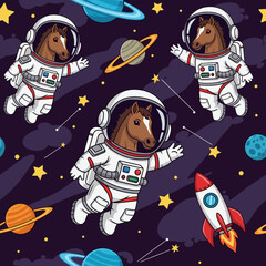 Cute horse astronauts floating in space, seamless pattern for kids' apparel or space-themed projects.