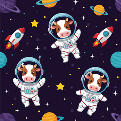 Cute cows in spacesuits floating in space, perfect for children's apparel, fabric, or space-themed projects.
