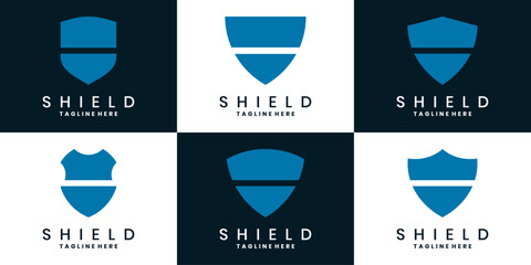 Set of blue shield logo designs with minimal shapes