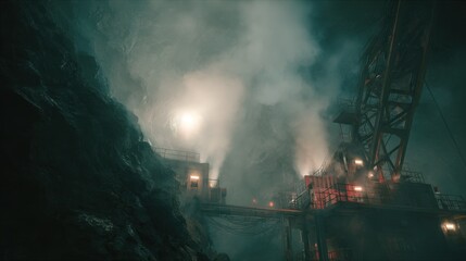 Obraz premium Haze of ionized gas surrounds the weld point as a pulsed plasma welder operates within a micro tunnel, emphasizing the industrial environment of the mining operation