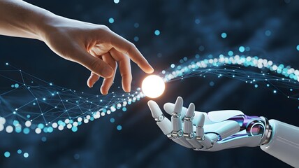 Human and robotic hands nearly touching digital orb with glowing data network, symbolizing AI synergy, futuristic collaboration, and technological evolution