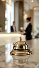 Elegant hotel bell on glossy counter with luxury lobby in soft focus

