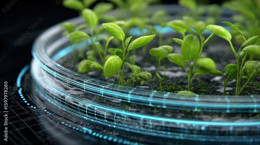 Poster genetically modified basil seedlings thrive in a nutrient rich solution within a controlled hydropon