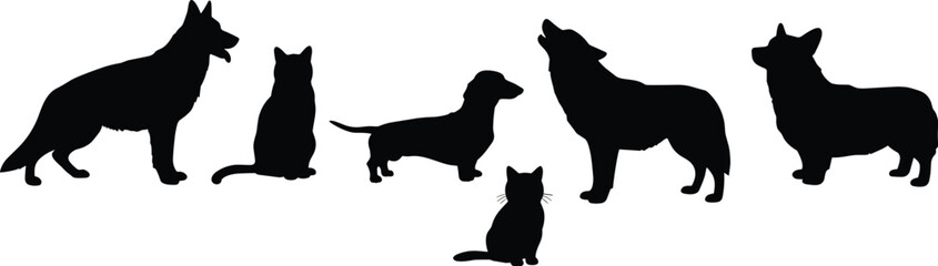 Collection of Various Pet Silhouettes, Dogs and Cats, Black Animal Figures, Diverse Breeds, Isolated on White Background for Design.