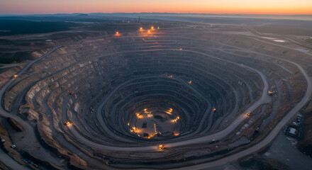 Aerial View of a Massive Open Pit Mine at Twilight, Night Shift at a Large Open Pit Mine: Trucks and Excavators Working Late