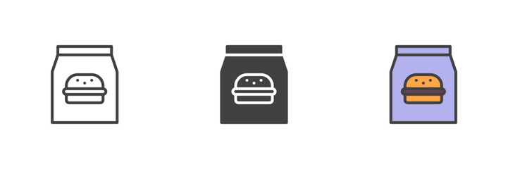 Burger box icon set in line, solid and filled outline style