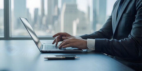 Business professional typing on laptop at desk with cityscape background, symbolizing modern work, technology use, and urban office environment