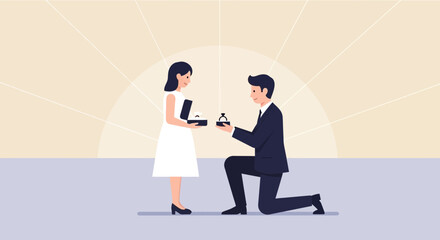Fototapeta premium Romantic Proposal Scene With Man Kneeling and Presenting Ring To Woman