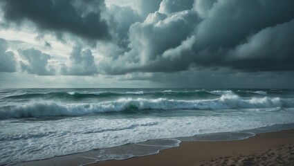 Stormy clouds over the ocean with waves crashing onto the shore under a dark and cloudy sky. Seaside scene with turbulent weather.