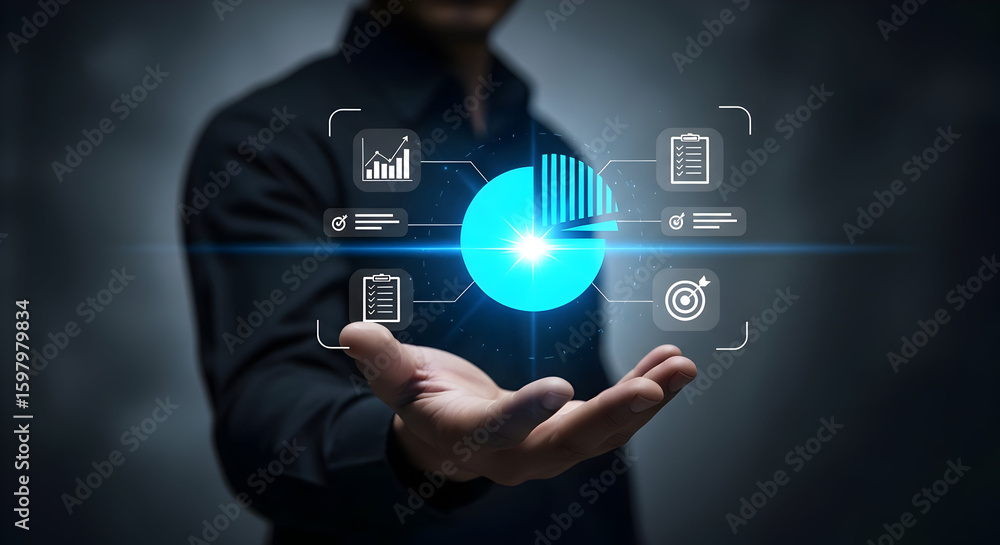 Poster man holding glowing pie chart hologram with business icons in hand for data analysis
