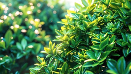 Lush green bushes with sunlight shining on glossy leaves in a garden or natural setting.
