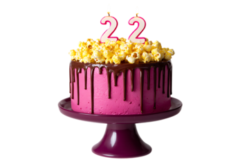 Pink cake with chocolate drizzle and popcorn for a 22nd birthday.