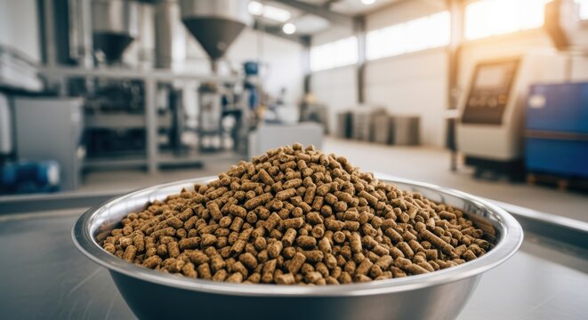 Freshly produced animal feed pellets in a hygienic steel bowl inside a commercial processing plant.