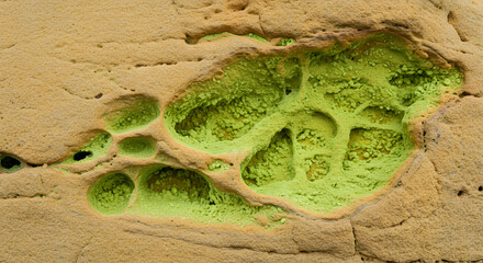 Abstract Nature: Unique rock formations with vibrant green mineral deposits, A geological wonder: Eroded sandstone featuring rare green mineral clusters