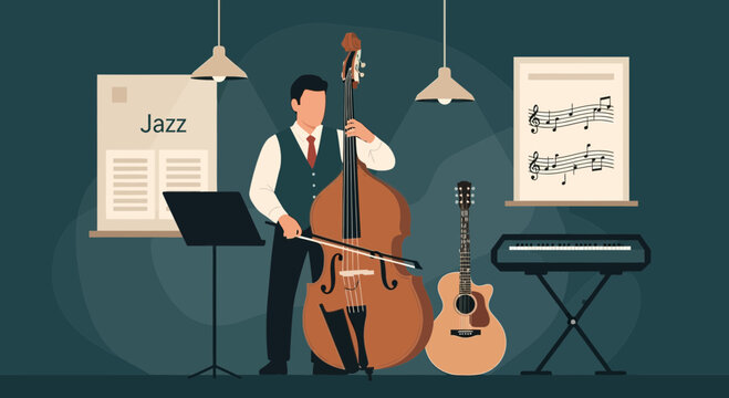 Vector Illustration Depicting a Man Performing Music on Double Bass in a Studio