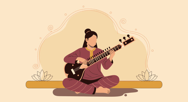 Woman Playing Sitar In A Lotus Position For Indian Cultural Performance
