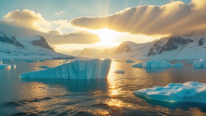 Sunset over icy landscape with glaciers and icebergs in calm water. Arctic or Antarctic environment, natural scenery with ice formations and reflective surface.
