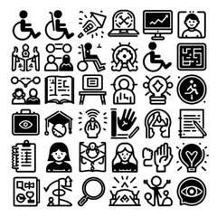 Collection of diverse black icons representing accessibility and education on a light background