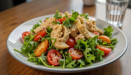 Fresh salad with tomatoes and greens healthy eating delicious food lunch meal close up view
