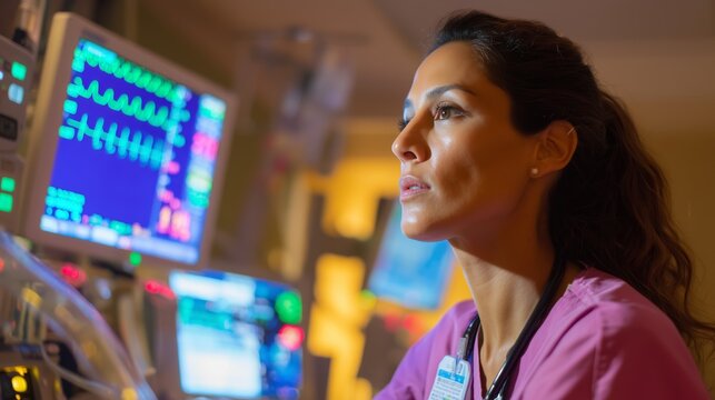 Healthcare professional monitors patient data in a modern medical facility during evening hours