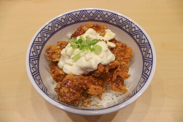 Japanese Fried Chicken Rice Bowl with Tartar Sauce and Green Onion