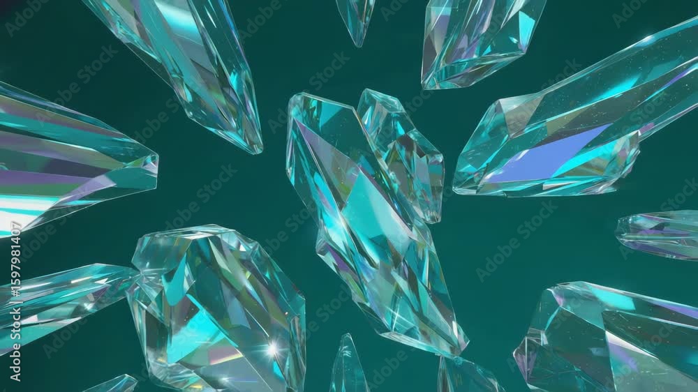 Poster many teal crystal shards are falling against a teal background, creating a visually appealing and lu