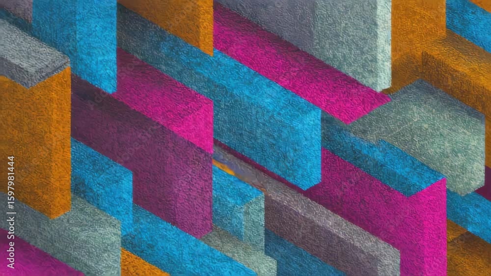 Poster colorful textured parallelepipeds are arranged in a dynamic composition, creating a visually engagin