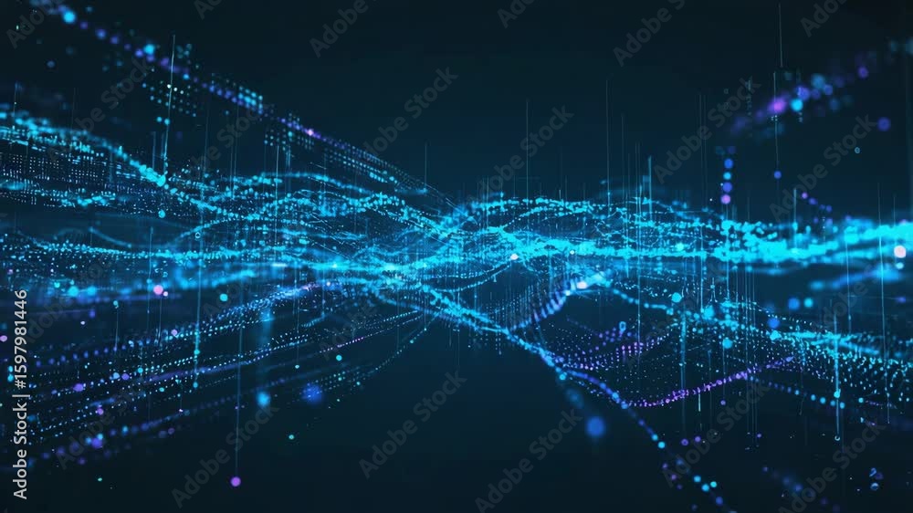Poster abstract blue particles are flowing and forming a digital wave in a dark cyberspace, representing da