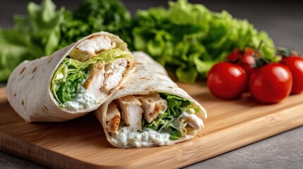 Crispy chicken wrap with fresh vegetables and creamy sauce on wooden cutting board with lettuce and cherry tomatoes in the background