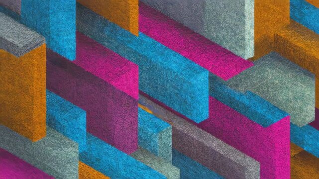 Colorful textured parallelepipeds are arranged in a dynamic composition, creating a visually engaging abstract background with vibrant colors and a textured surface