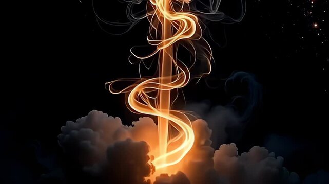 Amidst a celestial backdrop, a brilliant flare erupts, intertwining with a smoky mist, the smoke swirl spiraling upward while threads of light flicker and glow, creating an enchanting