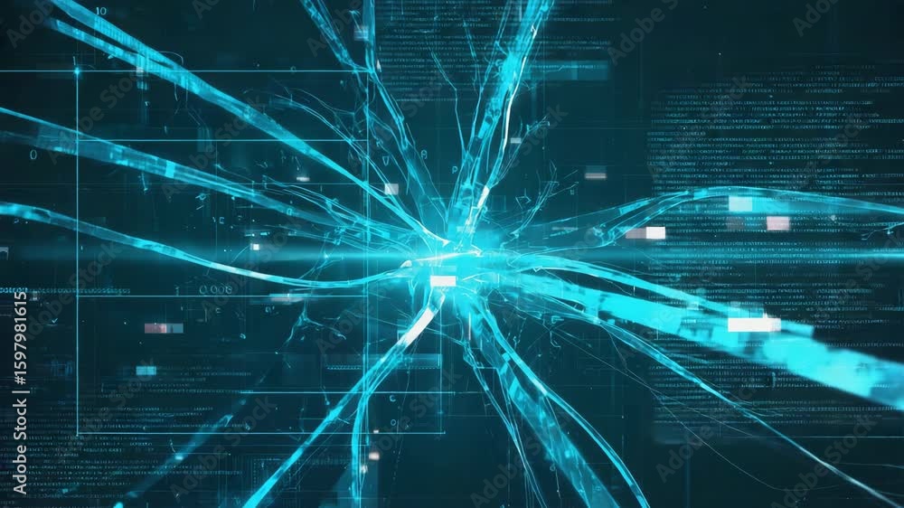 Poster light blue digital data streams converging toward the center of cyberspace create a dynamic, futuris