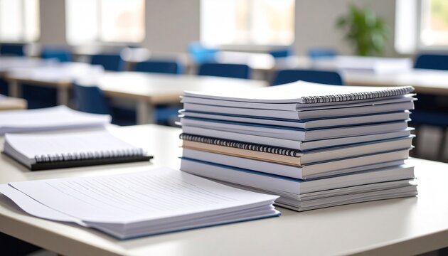 A stack of neatly organized student assignments or academic reports placed on a classroom desk. The documents are spiral-bound and appear to be formal coursework, dissertations, or reports, indicating