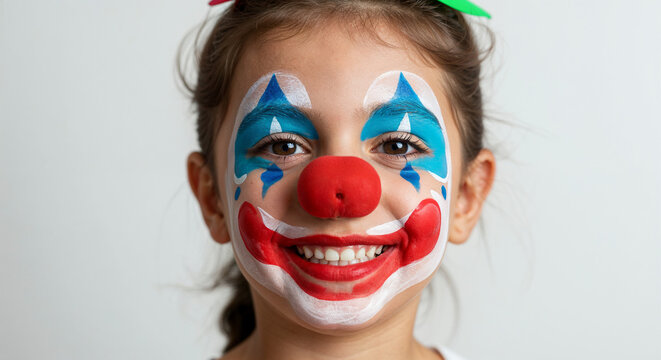 Cheerful child in clown makeup smiling brightly on white background
 - Powered by Adobe