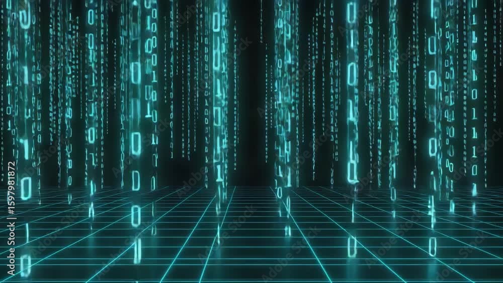 Poster glowing green binary code cascading down like digital rain over a gridded cyberspace floor, forming 