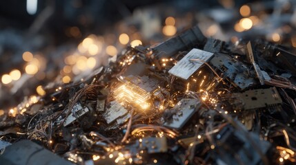 Shining precious metals like gold and copper emerging from crushed electronic devices, revealing hidden value within discarded technological waste