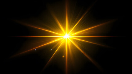 Bright golden lens optical flare light starburst on black background – cosmic glow and energy flash effect